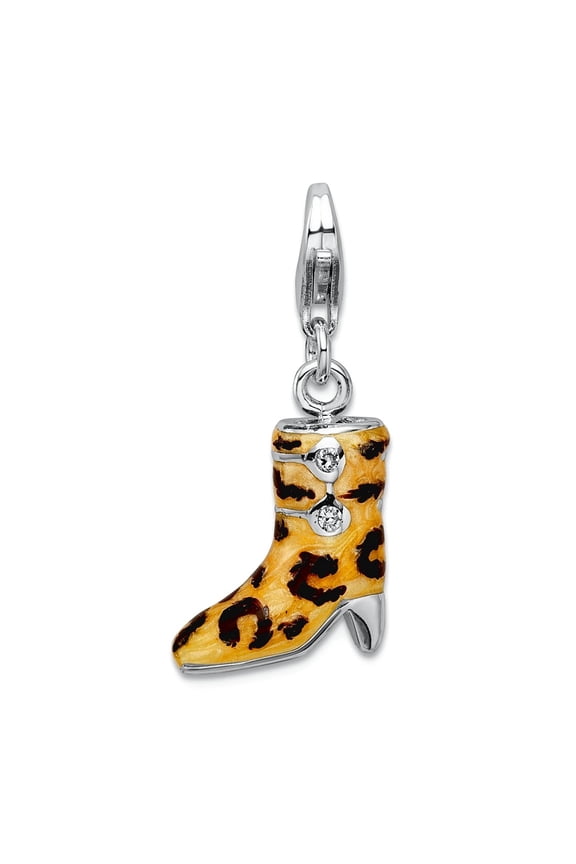 925 Sterling Silver Solid Fancy Lobster Closure CZ Enameled Leopard Print Boot With Lobster Clasp Charm 30x12mm Pendant