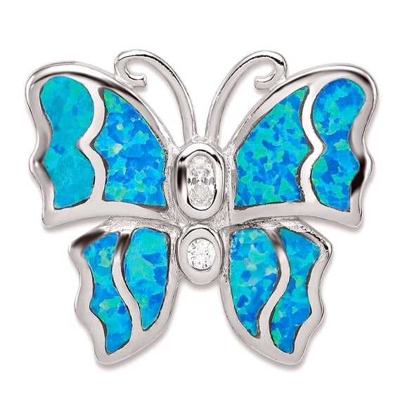 925 Sterling Silver Solid Hidden bail Polished back Blue Inlay Simulated Opal Butterfly Angel Wings Pendant Necklace 20x