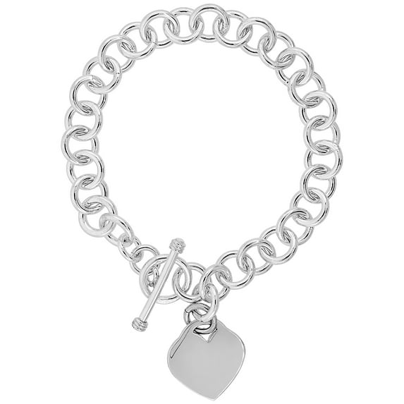925 Sterling Silver Solid Italian Heart Tag Round Rolo Link Bracelet