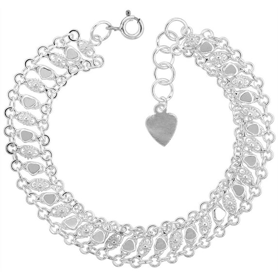 925 Sterling Silver Solid Italian Teeny Flowers & Hearts Charm Bracelet 12mm