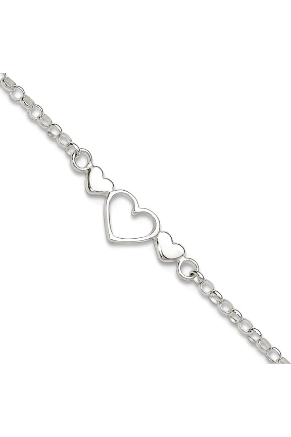 925 Sterling Silver Solid Polished Adjustable Triple Love Heart Ankle Bracelet 10 Inch Spring-Ring 7mm Wide Anklet for W