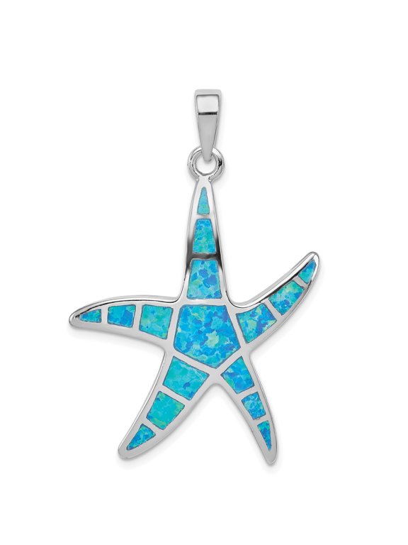 925 Sterling Silver Solid Polished Blue Inlay Simulated Opal Sea shell Nautical Starfish Pendant Necklace 43x28mm Wide P