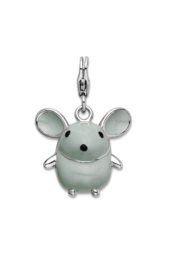 925 Sterling Silver Solid Polished Fancy Lobster Closure 3-D Enameled Grey Mouse With Lobster Clasp Charm 27x18mm Pendan