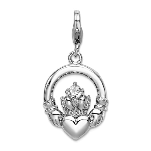 925 Sterling Silver Solid Polished Fancy Lobster Closure Cubic Zirconia Irish Claddagh Celtic Trinity Knot With Lobster