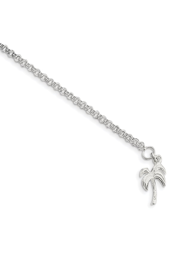 925 Sterling Silver Solid Polished Palm Tree Anklet 10 Inch Spring-Ring 12mm Wide Anklet for Women