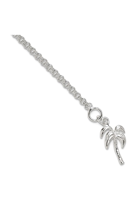 925 Sterling Silver Solid Polished Palm Tree Anklet 9 Inch Spring-Ring 12mm Wide Anklet for Women