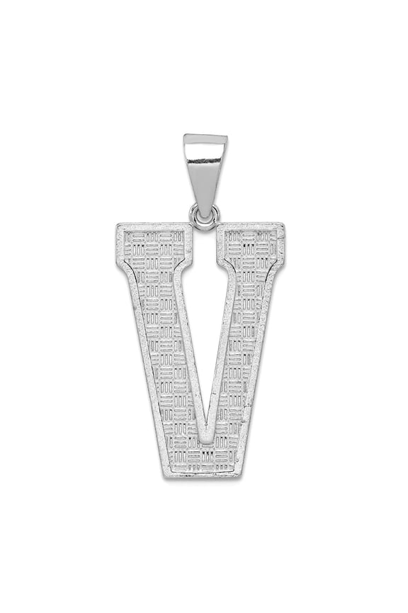 925 Sterling Silver Solid Polished Patterned Letter Name Personalized Monogram Initial V Charm 35x15mm Wide Pendant Neck