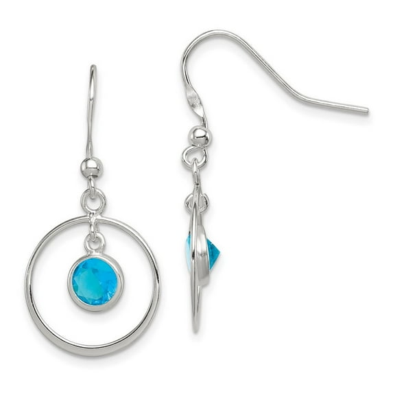 925 Sterling Silver Solid Polished Shepherd hook Circle Dangle Blue CZ Simulated Diamond Earrings 34x15mm Wide-Dangle Ea