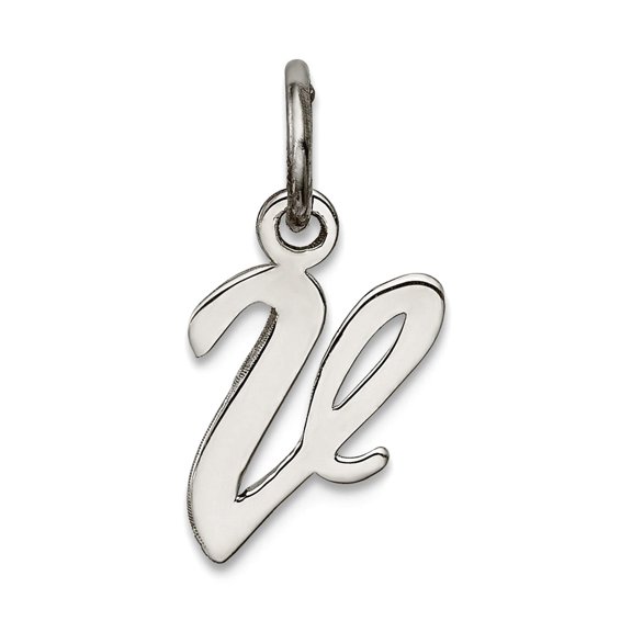 925 Sterling Silver Solid Polished Small Script Intial V Charm 16x8mm Wide Pendant Necklace for Women