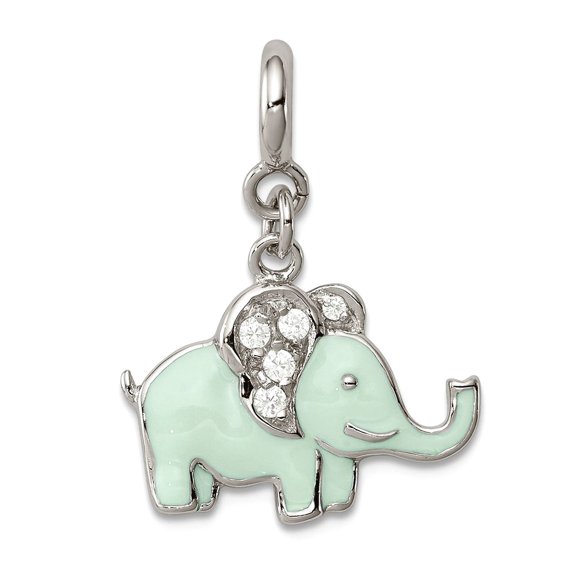925 Sterling Silver Solid Polished Spring-Ring Blue Enameled with Cubic Zirconia Elephant Charm 24x18mm Wide Charm for W