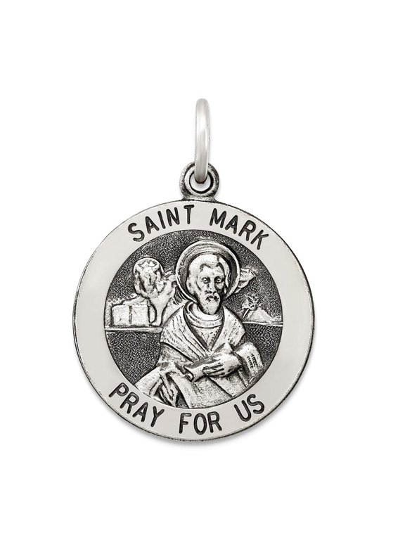 925 Sterling Silver Solid Polished and satin Engravable (back only) Oxidized Saint Mark Medal Pendant Necklace 25x20mm W