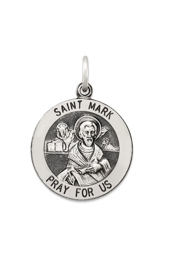 925 Sterling Silver Solid Polished and satin Engravable (back only) Oxidized Saint Mark Medal Pendant Necklace 25x20mm W