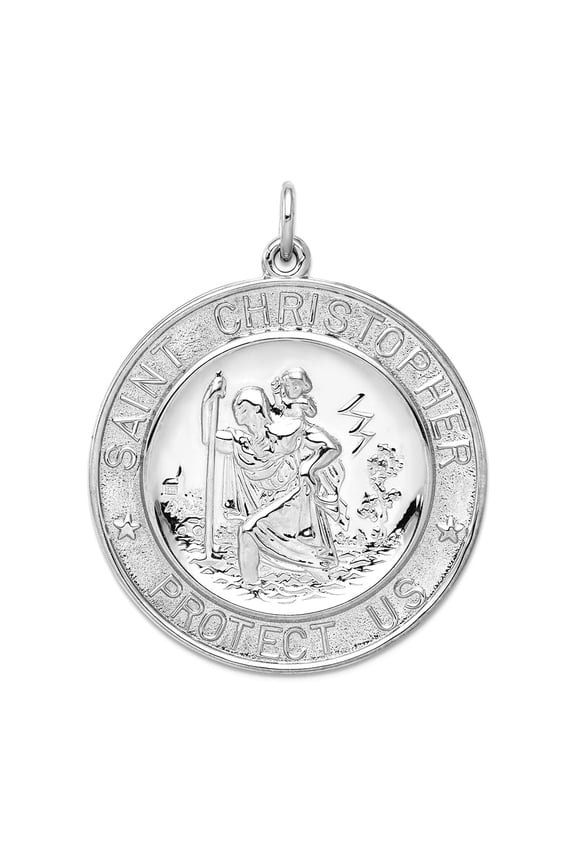 925 Sterling Silver Solid Polished and satin Engravable (back only) Saint Christopher Medal Pendant Necklace 40x33mm Wid