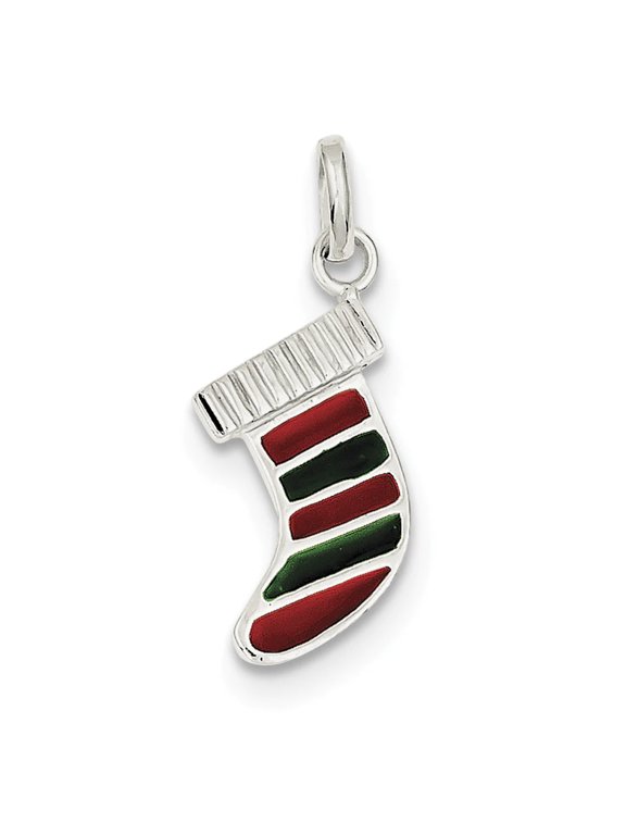925 Sterling Silver Solid Polished back Enameled Christmas Stocking Charm 30x10mm Wide Pendant Necklace for Women