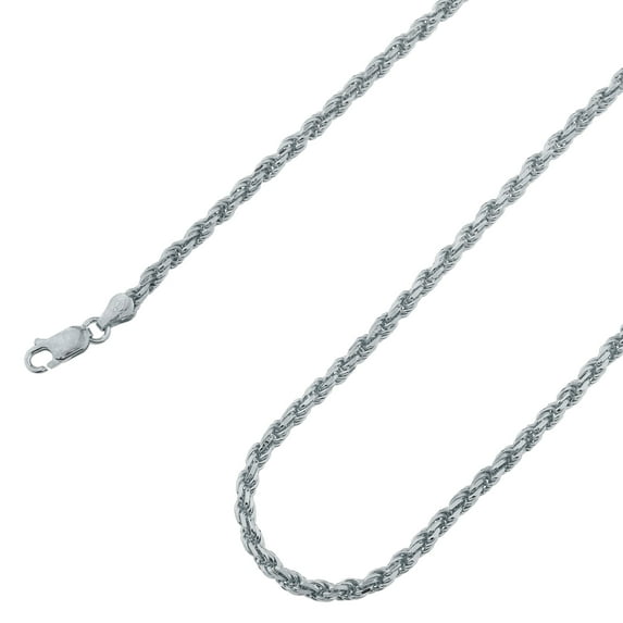 925 Sterling Silver, Solid Rope Diamond Cut Rhodium Chain 3mm Necklace - Hypoallergenic and Tarnish Resistant - By Oliver & Navy