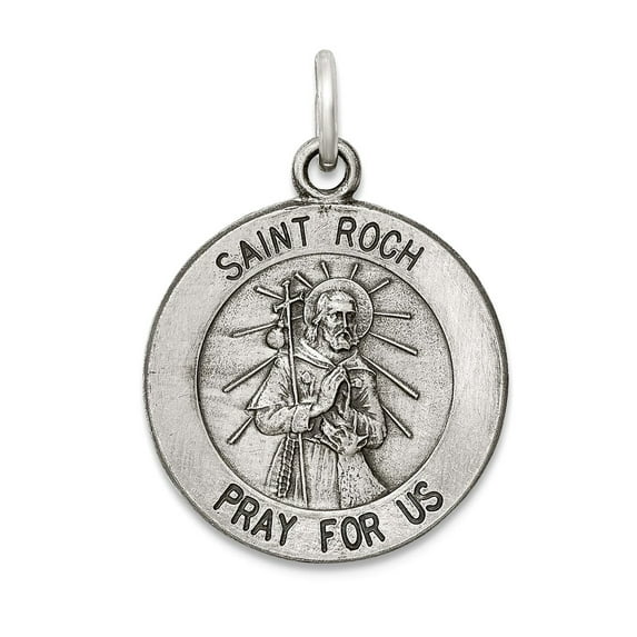 925 Sterling Silver Solid Satin Oxidized Antiqued Saint Roch Medal Pendant Necklace 20x16mm Wide Pendant for Women