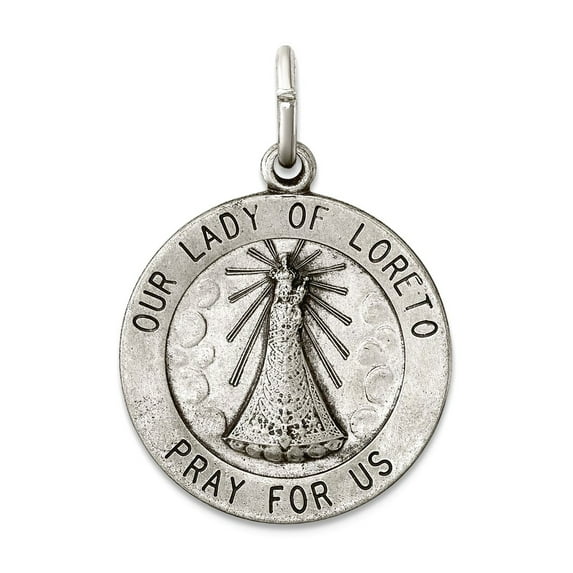925 Sterling Silver Solid Satin Polished Oxidized Antiqued Our Lady of Loreto Medal Pendant Necklace 22x18mm Wide Pendan