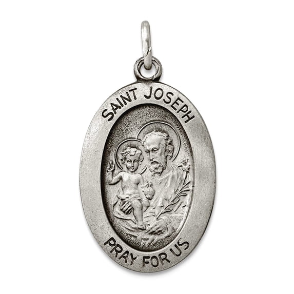 925 Sterling Silver Solid Satin Polished Oxidized Antiqued Saint Joseph Medal Pendant Necklace 35x15mm Wide Pendant for