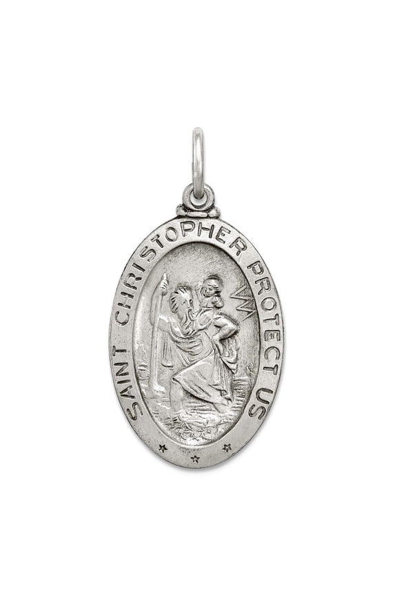 925 Sterling Silver Solid Satin Reversible Oxidized St. Christopher Medal Charm Basketball 30x15mm Wide Pendant Necklace