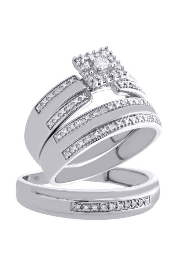 .925 Sterling Silver Soltiaire Diamond Trio Set Engagement + Wedding Ring 1/4 Ct