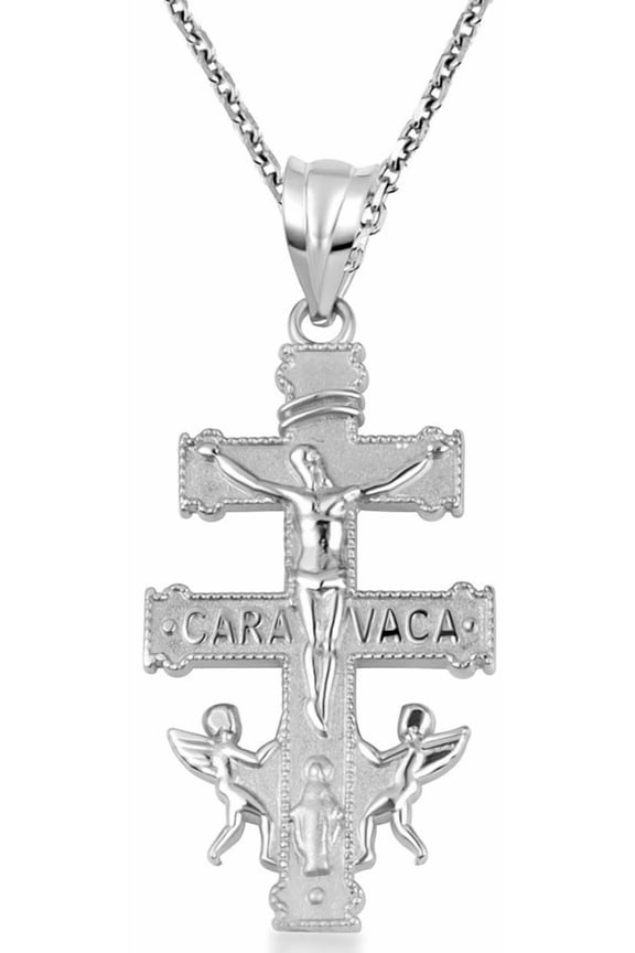 .925 Sterling Silver Spanish Caravaca Cross Crucifix Jesus Christ Angels Pendant Necklace (Pendant with 16" chain)