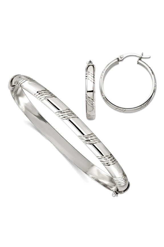 925 Sterling Silver Sparkle-Cut Cuff Stackable Bangle Bracelet 6mm and Hoop 4mm Earrings Set 6mm Wide Jewelry Set for Wo