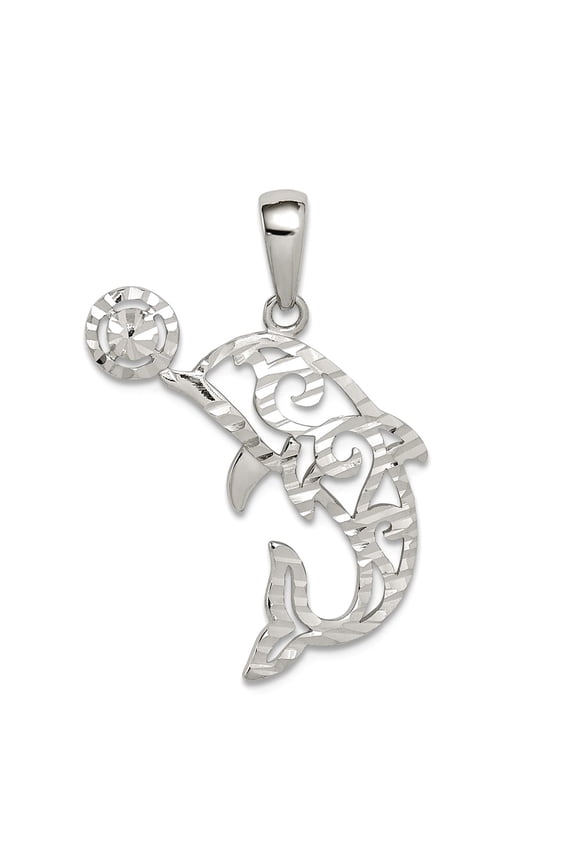 925 Sterling Silver Sparkle-Cut Dolphin With Ball Pendant Necklace 25.96x18.95mm Wide Pendant for Women