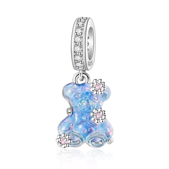 925 Sterling Silver Sparkling Blue Bear Dangle Charm for Bracelet Charms Bangle Pendant Jewelry