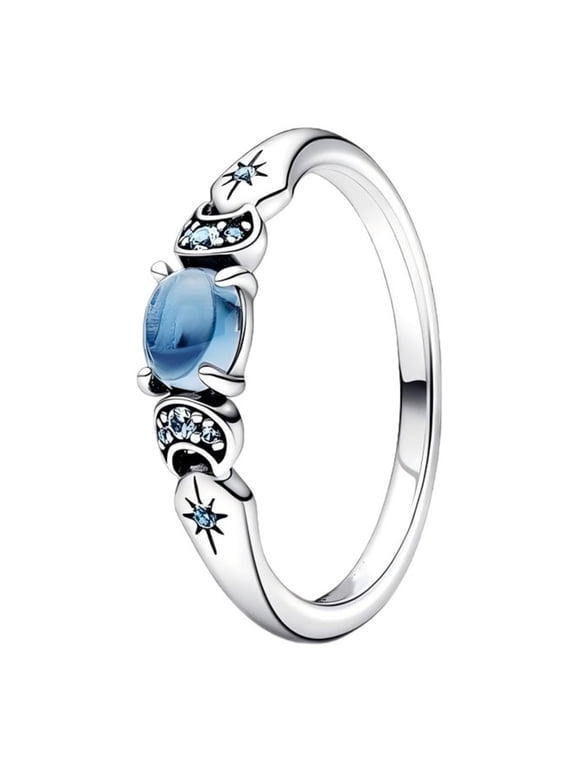 925 Sterling Silver Sparkling Blue Zircon Moon Star Ring Women Finger Ring For Party Jewelry