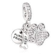 925 Sterling Silver Sparkling Furry Friend Paw Print Dangle Charm for Bracelet Charms Bangle Pendant Jewelry