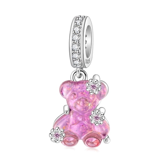 925 Sterling Silver Sparkling Pink Bear Dangle Charm for Bracelet Charms Bangle Pendant Jewelry