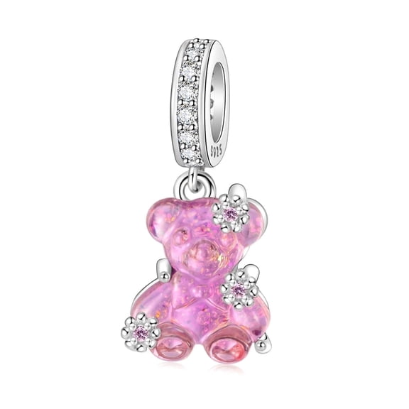 925 Sterling Silver Sparkling Pink Bear Dangle Charm for Bracelet Charms Bangle Pendant Jewelry