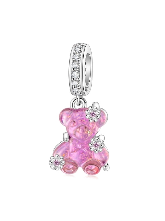 925 Sterling Silver Sparkling Pink Bear Dangle Charm for Bracelet Charms Bangle Pendant Jewelry