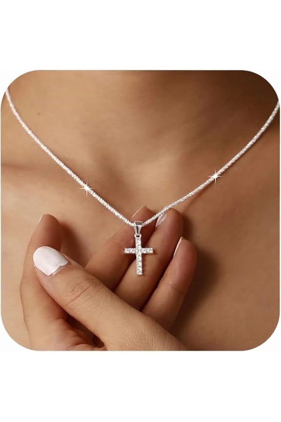 925 Sterling Silver Sparkly Cross Necklace for Women Dainty Twisted Rope Cross Charm Necklace Adjustable Glitter Bling Chain Necklace Jewelry Birthday Christmas Gifts for Mom