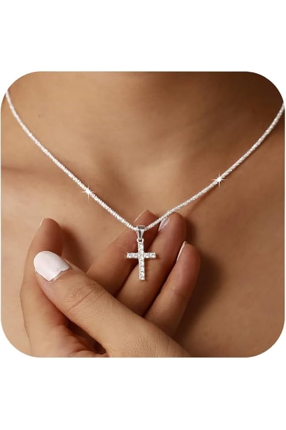 925 Sterling Silver Sparkly Cross Necklace for Women Dainty Twisted Rope Cross Charm Necklace Adjustable Glitter Bling Chain Necklace Jewelry Birthday Christmas Gifts for Mom