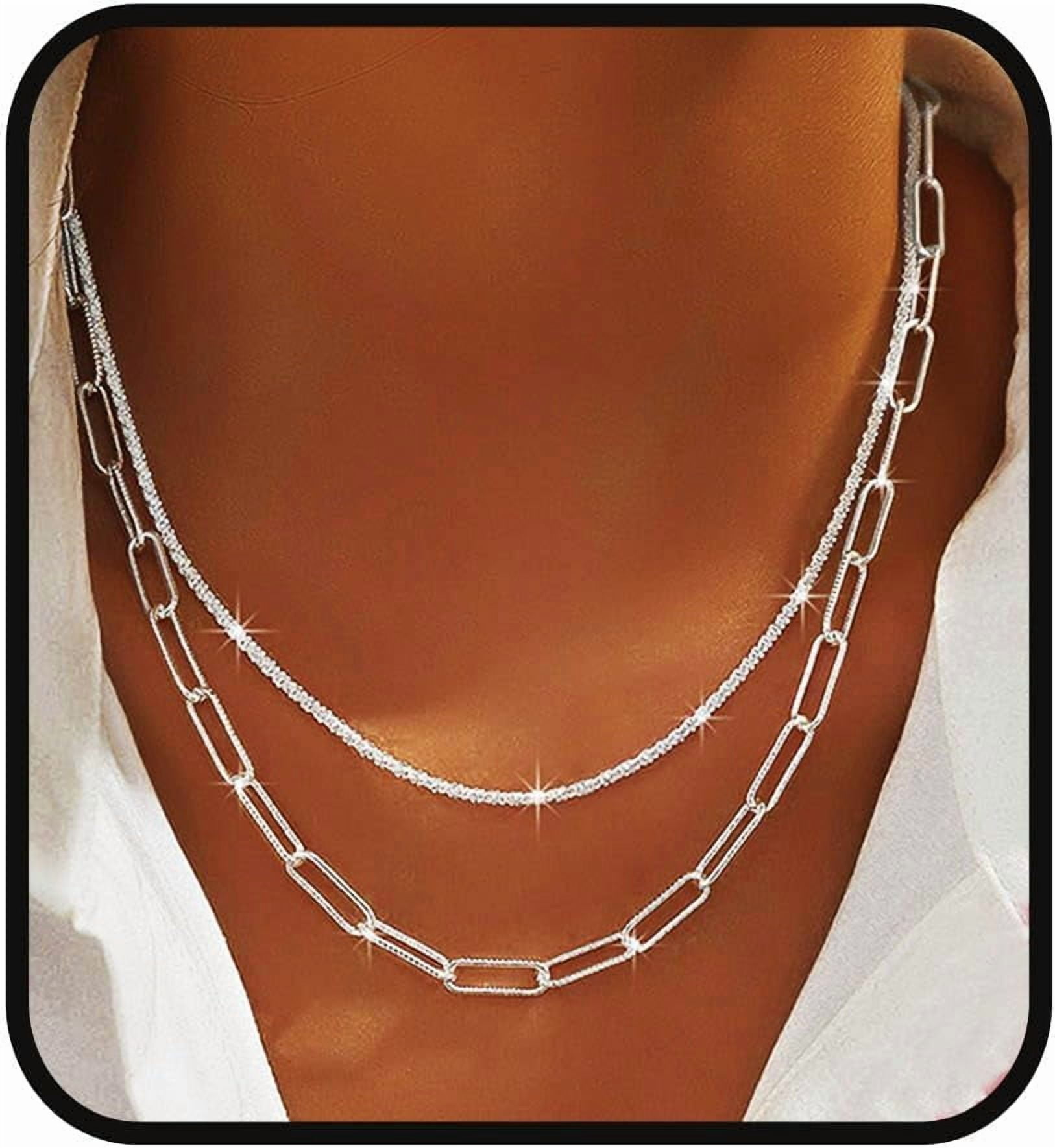 925 Sterling Silver Sparkly Necklace Layered Dainty Chain Necklace ...