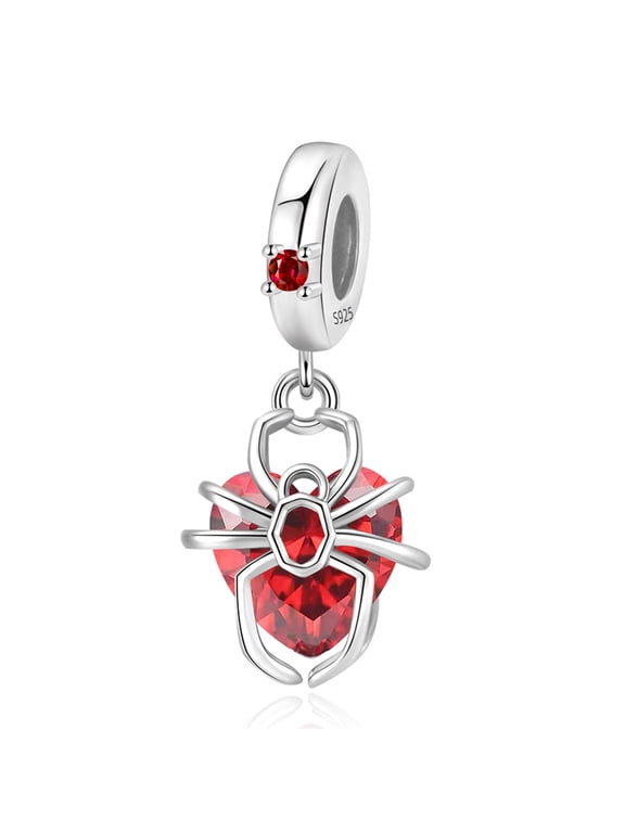 925 Sterling Silver Spider Heart Dangle Charm, Red Cubic Zirconia Gothic Pendant Bead Compatible With Standard Women Chain Bracelets Halloween Jewelry Gift