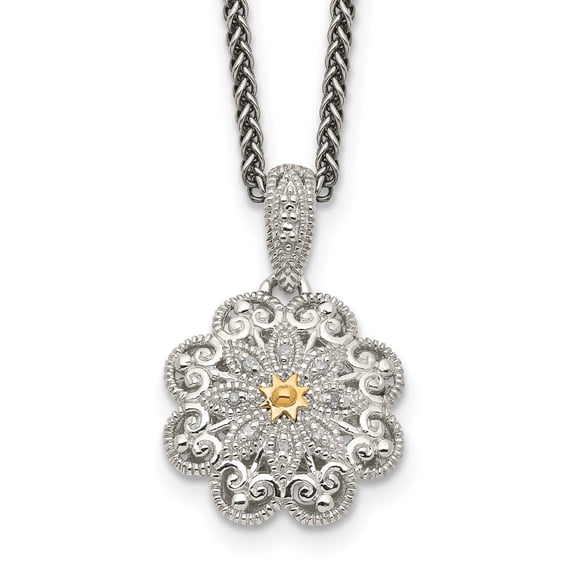 925 Sterling Silver Spiga Wheat Necklace with Pendants Chain Shey Couture Antiqued 14K Accent 18 Inch Diamond Vintage Flower 16 mm