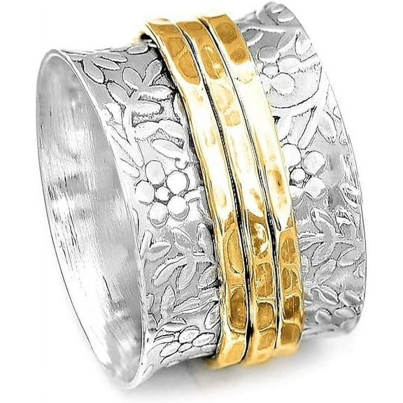 925 Sterling Silver Spinner Flowers Ring for Women with 3 Brass Fidget Rings Wide Band