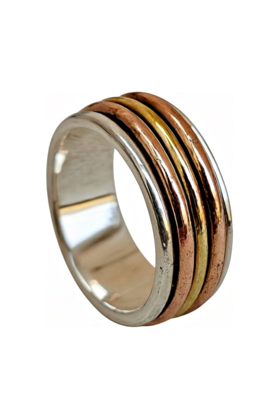 925 Sterling Silver Spinner Ring Copper Brass Silver Tone, Handmade Fidget Ring, Meditation Band
