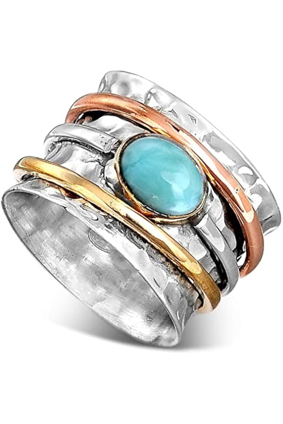 925 Sterling Silver Spinner Ring for Women with Gemstone – Wide Band Statement Ring with Copper and Brass Spinning Bands – Unique Handmade Silver Ring for Style and Calm
