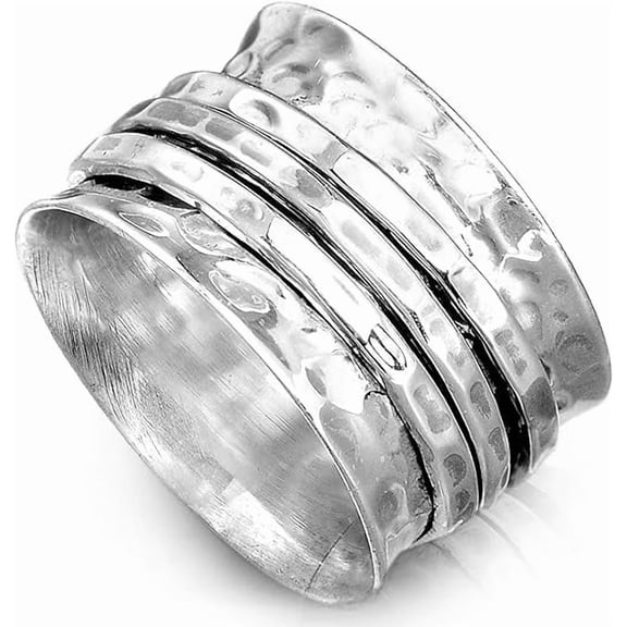 SS DESIGNS 925 Sterling Silver Spinner Ring for Women 3 Fidget Rings Band Wide Hammered