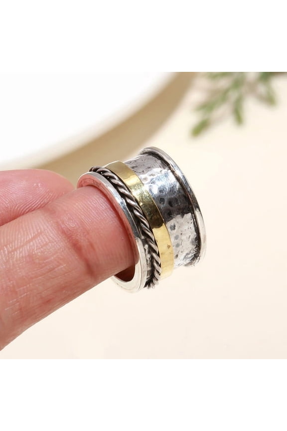 925 Sterling Silver Spinner Ring for Women, Handmade Textured Fidget Band, US Size 5-10, Mixed Metal Statement Ring