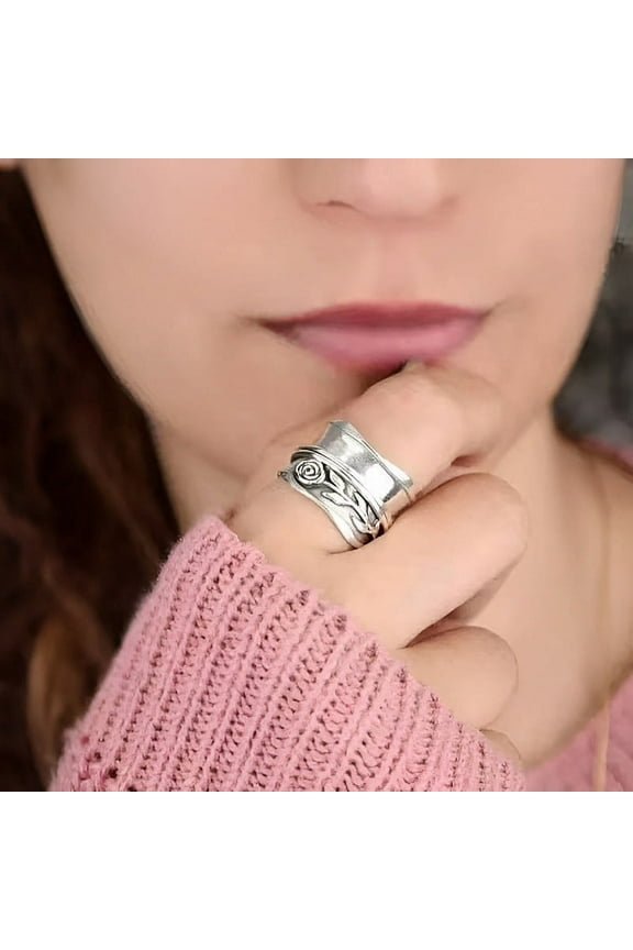925 Sterling Silver Spinner Ring for Women Rose Flower Fidget Anxiety Relief Wide Band