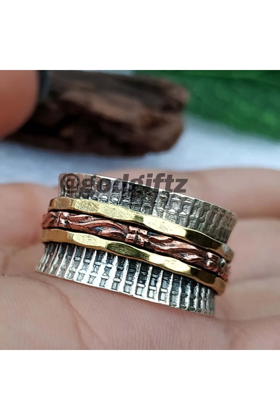 925 Sterling Silver Spinner Three Tone Ring, Worry Ring, Meditation Ring, Fidget Ring, Silver Jewelry Texture Spinner Ring, Spinning Jewelry