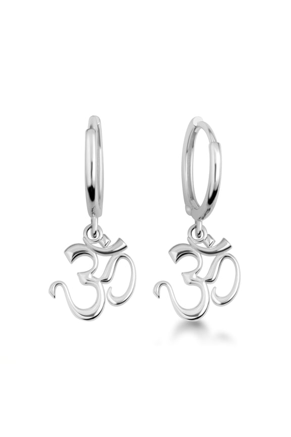 .925 Sterling Silver Spiritual Om Symbol Cuban Link Huggie Earrings