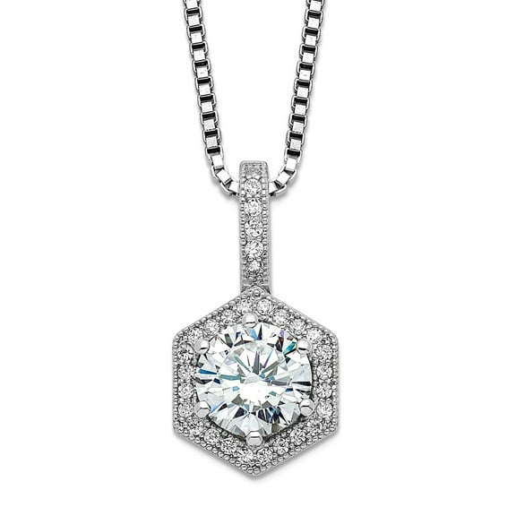 925 Sterling Silver Spring-Ring and Cubic Zirconia Brilliant Embers Hexagon Necklace 18 Inch 10mm Wide Pendant Necklace