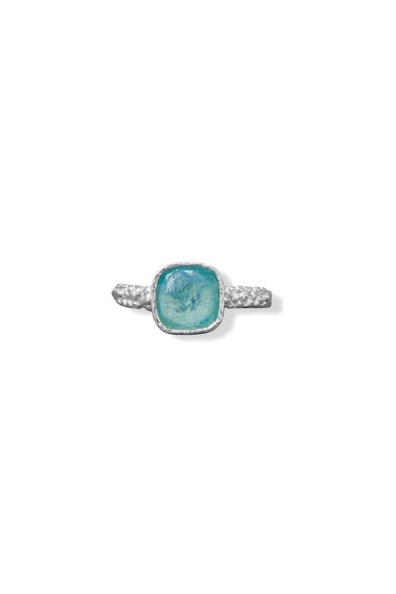 925 Sterling Silver Square Aqua Roman Glass with Pebble Band Ring 9.5mm a 2.5mm Comes Size 8 Ring for Women and Men