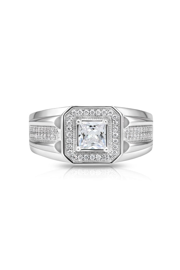 Solid 925 Sterling Silver Solitaire Halo Princess-Cut Pave Band | Size 13 | Classic Statement Pinky Ring for Men