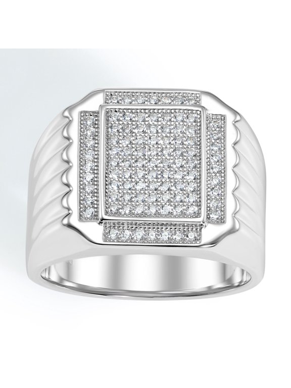 Solid 925 Sterling Silver Pave Square Signet Ring, Statement Pinky Wedding Band Ring | Size 9 | Classic Engagement Ring for Men